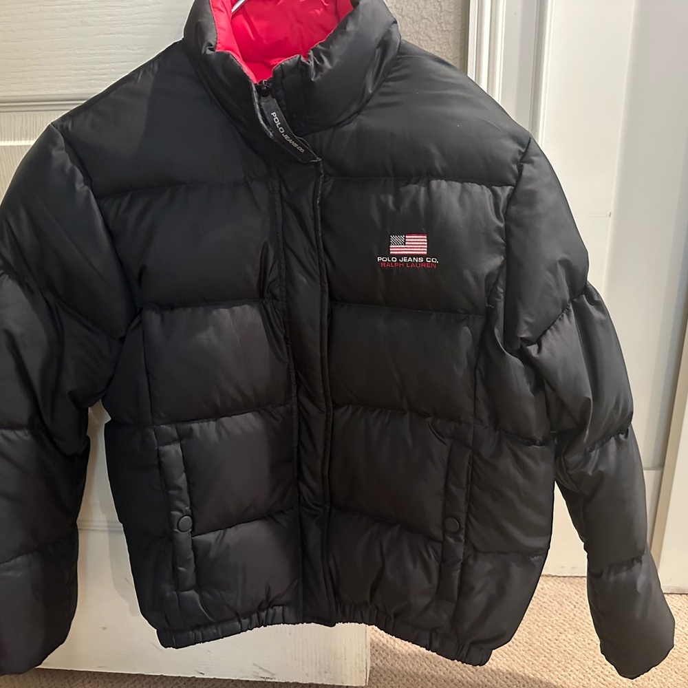 Polo by Ralph Lauren Black Bomber Jacket with High Collar and Puffer Style
